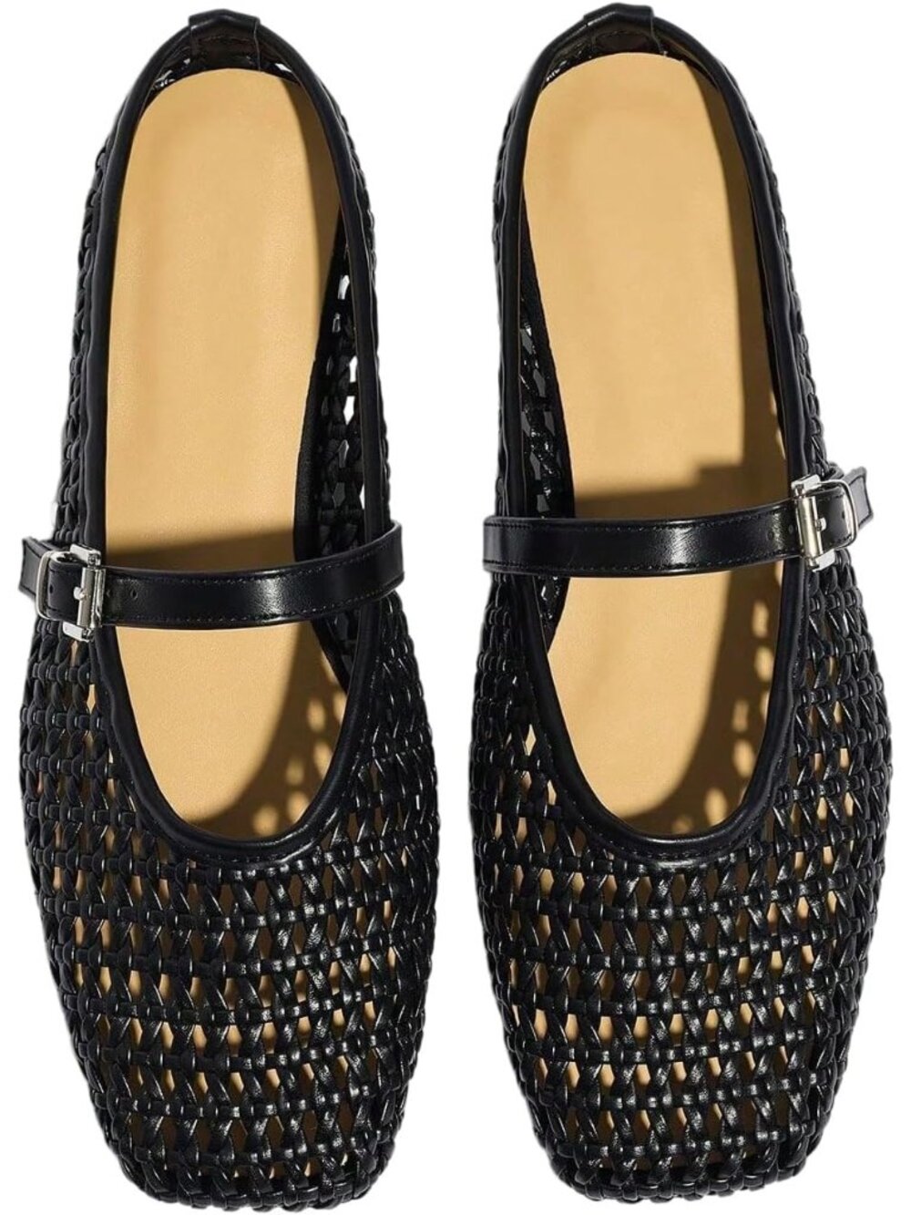 Women's Black Straw Mules Square Closed Toe Polka Dots Ballet Loafer Flat Shoes